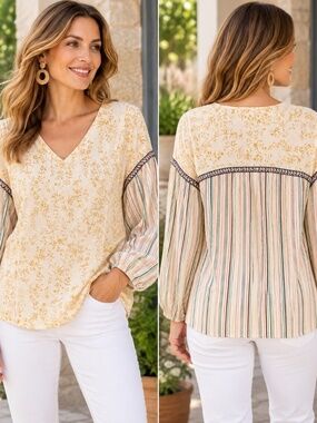 Faveur Women’s Boho Blouse Size L Floral Striped Balloon Sleeve V-Neck